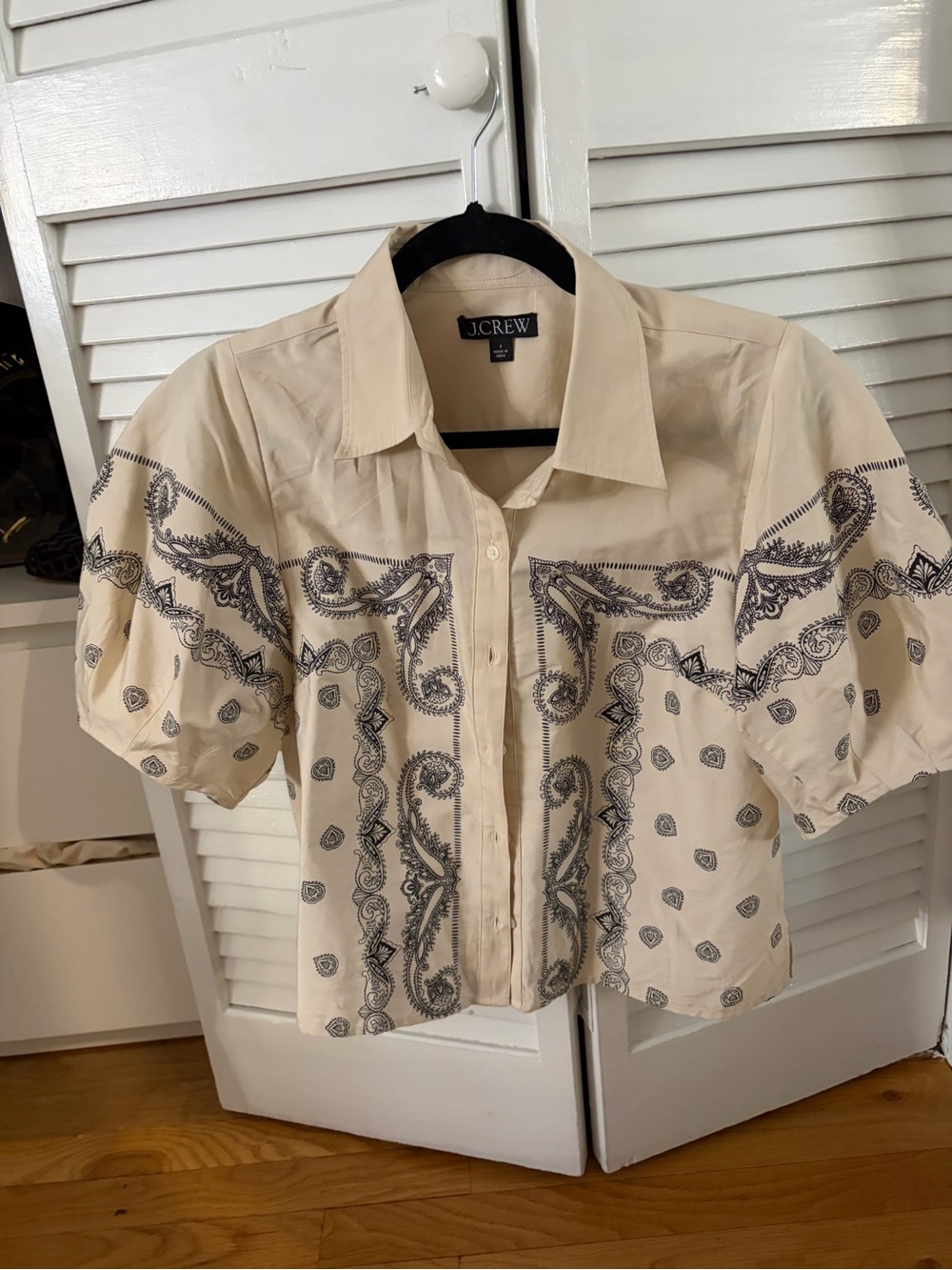 J. Crew Cream Short-Sleeve Button Front Blouse with Navy Paisley